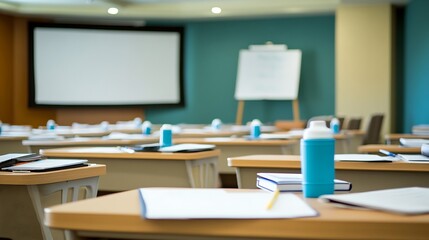 Fototapeta premium Classroom with empty desks and a projector Plain Textured Background for Web Design and Copy