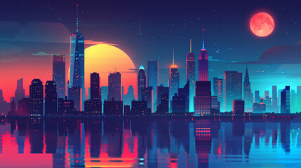 Illustrated city skyline with vibrant neon colors, reflecting in water at dusk with a large, surreal sunset and red moon in the background