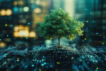 Digital nature: tree integration in futuristic urban landscape