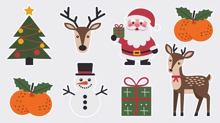 Fototapeta premium Set of Christmas stickers, Christmas tree, deer, Santa Claus, snowman, gift, tangerines, stickers on white background