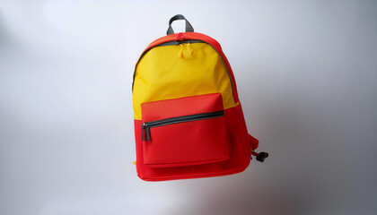 Fototapeta premium School bag in yellow red colors floating or flying isolated white background