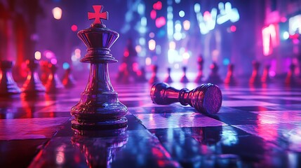 Chessboard close-up featuring fallen king piece in intense lighting for competition themes