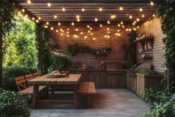 Cozy Outdoor Kitchen with String Lights and Brick Wall