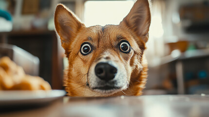 The dog in the photo stares at its owner with a hungry look. It seems like the dog wants something, maybe food. The picture was taken inside the owner's home.