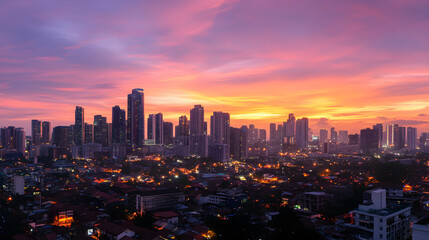 Obraz premium stunning cityscape view from rooftop at sunset, showcasing vibrant colors and urban life