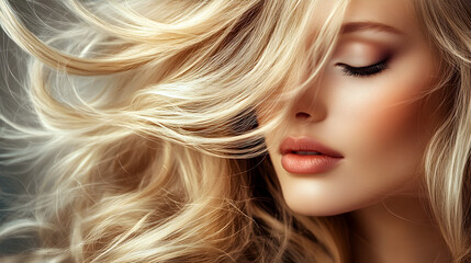 Close up of woman with blonde, windswept hair and soft features