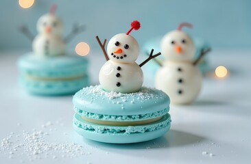 Fototapeta premium French Snowman Macaroon: Christmas-Themed Blue Macaroon on White Table. Cute Snowmen food styling