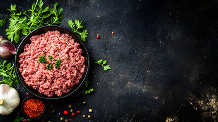 Fresh ground beef in bowl with herbs and spices on dark background