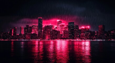 Obraz premium At night, a cyberpunk futuristic city in red light is lit up. Stock image.