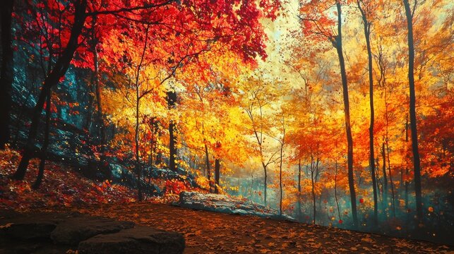 Friends with a mini projector displaying images of vibrant autumn landscapes on a nearby wall, creating an outdoor gallery of fall colors that merges real and digital 