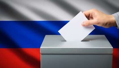 ロシアの国旗の背景と投票箱と投票する手。選挙。(Russian Federatio flag background and ballot box and hand voting. election.)
