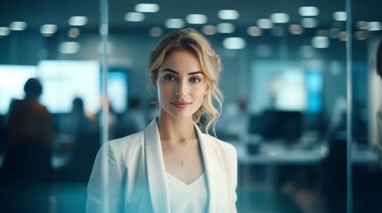 Fototapeta premium Empowered professional in a modern office setting the face of contemporary business success