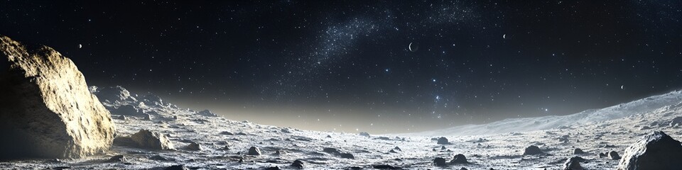 Fototapeta premium A rocky, barren landscape with a large rock in the foreground. The sky is dark and filled with stars