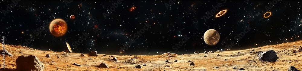 Wall mural a space scene with a large planet in the foreground and a smaller planet in the background. the back