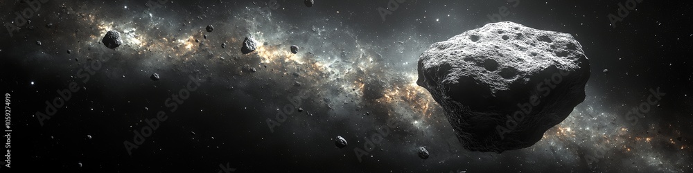 Sticker a large rock is floating in space, surrounded by a cloud of debris. concept of vastness and emptines