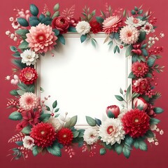 Obraz premium Floral Frame with Red and White Flowers on a Red Background
