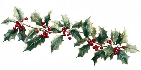 A beautiful red and green holly leaf with small red berries on it. The leaf is full of life and energy, with its bright colors and intricate details. The berries are a perfect complement to the leaf