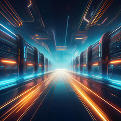 Fototapeta premium Futuristic Data Corridor: Digital Highway Through Cyberspace