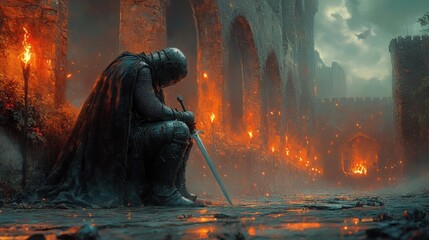 A lone knight kneels in the aftermath of a battle, his sword resting on the ground, as flames lick at the ruined castle walls.