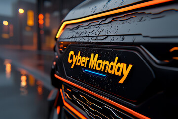 Cyber Monday illuminated in bold letters on sleek vehicle, showcasing modern design with rain droplets reflecting city lights, creating vibrant urban atmosphere