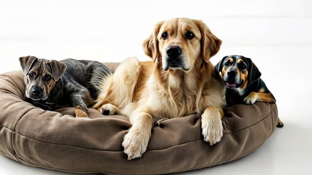 Group of dogs lie on a round pet bed with white background. Pets furniture.