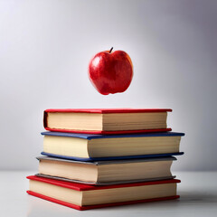 Textbooks in a stack with red apple symbolize knowledges floating or flying isolated white background