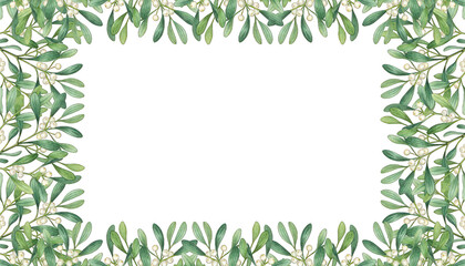 Green Watercolor Leaves with White Berries creating a Frame on a White Background