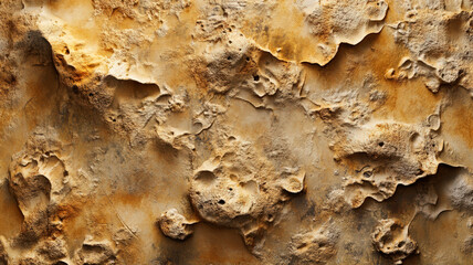 Obraz premium Natural stone texture with golden rust tones. Rough weathered rock surface with erosion patterns and cavities. Sandy limestone texture. Geological terrain background concept