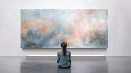 Obraz premium Close-up of a person studying a painting in a quiet gallery, with soft lighting that highlights the artwork's colors and texture against a minimalist background.