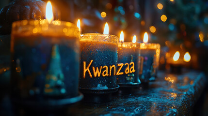 A set of beautifully arranged Kwanzaa candles glowing warmly, symbolizing light and celebration during Kwanzaa.
