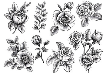 Obraz premium Hand-drawn floral patterns with intricate details - vintage engraving style.