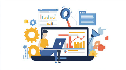 Using a laptop, a person is searching for information online. This process involves SEO (Search Engine Optimization) which helps websites rank higher in search results and get more traffic.