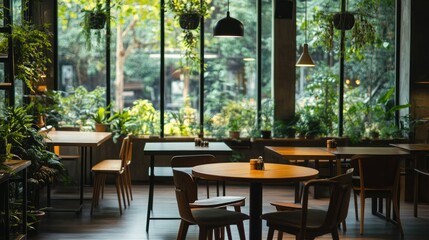 Fototapeta premium Minimalist cafe workspace with floor-to-ceiling windows, hanging plants, wooden tables, and cozy seating. Earthy tones and organic lighting create a relaxed, nature-inspired ambiance.