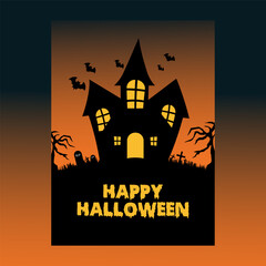Halloween card with a black silhouette of a haunted house on a background of orange and black gradient. The house surrounded by bats flying in the air and two skeletal trees are in the background