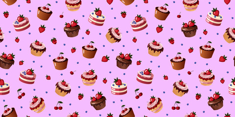 Seamless Pink Pattern of Desserts with Strawberries and Cherries