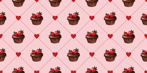 Seamless Pink carriage coupler Pattern with Hearts, Strawberries and Desserts