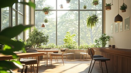 Fototapeta premium Minimalist cafe workspace with floor-to-ceiling windows, hanging plants, wooden tables, and cozy seating. Earthy tones and organic lighting create a relaxed, nature-inspired ambiance.