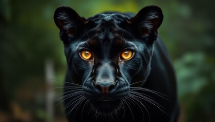 Black Panther Portrait Showcasing Its Piercing Orange Eyes in a Lush Jungle Setting