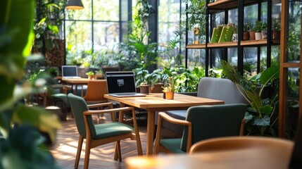 Fototapeta premium Modern nature-themed cafe with bamboo tables, cozy armchairs, plant-filled corners, and individuals focused on laptops, blending nature with productivity.
