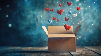 Magic open box with flying hearts, dark background. Love concept, Valentine's day