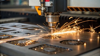 Fototapeta premium Closeup of Industrial Laser Cutting Machine with Sparks in Action - Precision Metalwork Photography