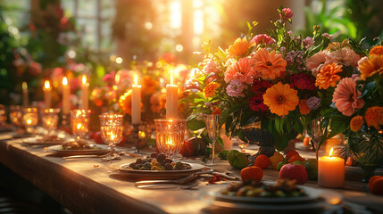 A beautifully arranged Kwanzaa table setting with vibrant flowers and candlelight, creating a joyful atmosphere for celebration.