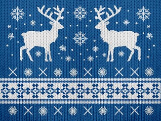 Detailed Christmas sweater design with white reindeer, snowflakes, and geometric patterns on a blue knitted background, ideal for holiday themes.