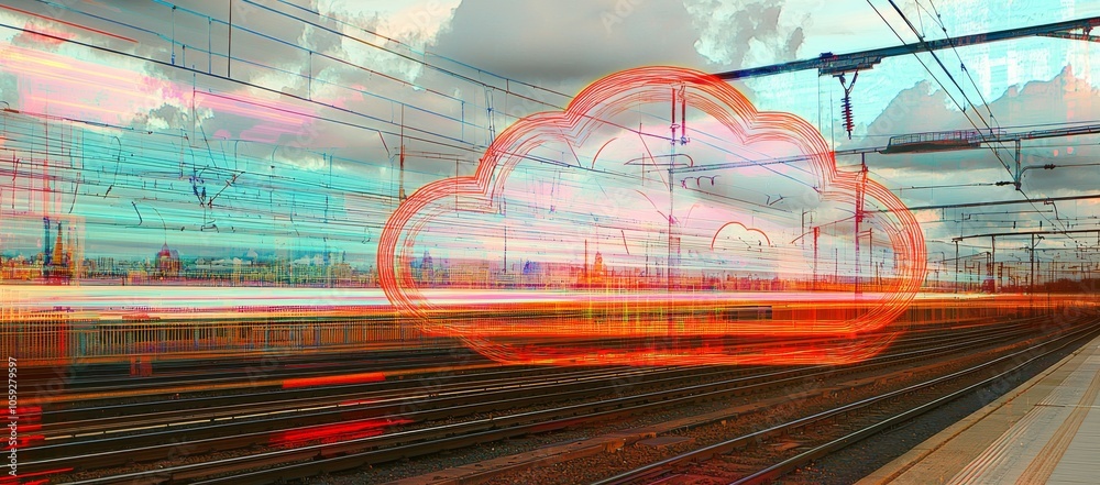 Poster an image of cloud computing with a speeding train in the background of a city