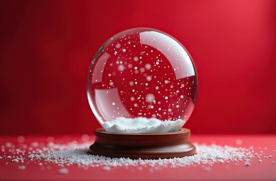Empty Christmas snow globe on a red background with delicate snowfall and copy space for text. 