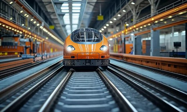 A sleek orange train positioned on railway tracks in a factory setting.