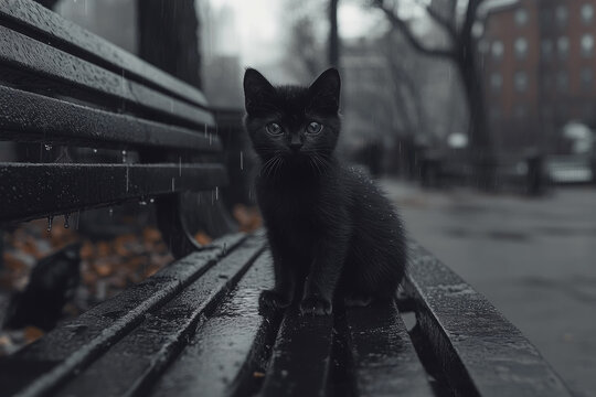 Lonely Black Kitten on a Rainy Park Bench