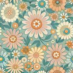 Fototapeta premium Retro floral pattern with vintage-inspired blossoms on teal background