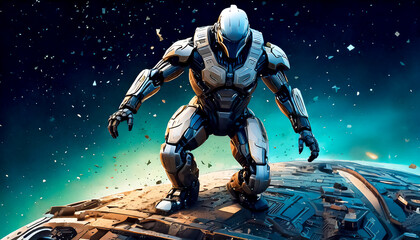 Fototapeta premium Astronaut, alien, robot in armored spacesuit in action on a spaceship surface. Starship troopers, star wars, space exploration, space science. Explosion, unfriendly planet, space war