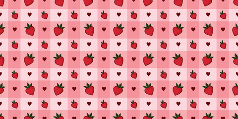 Seamless Strawberry and Heart Pattern on Checkered Pink Background
